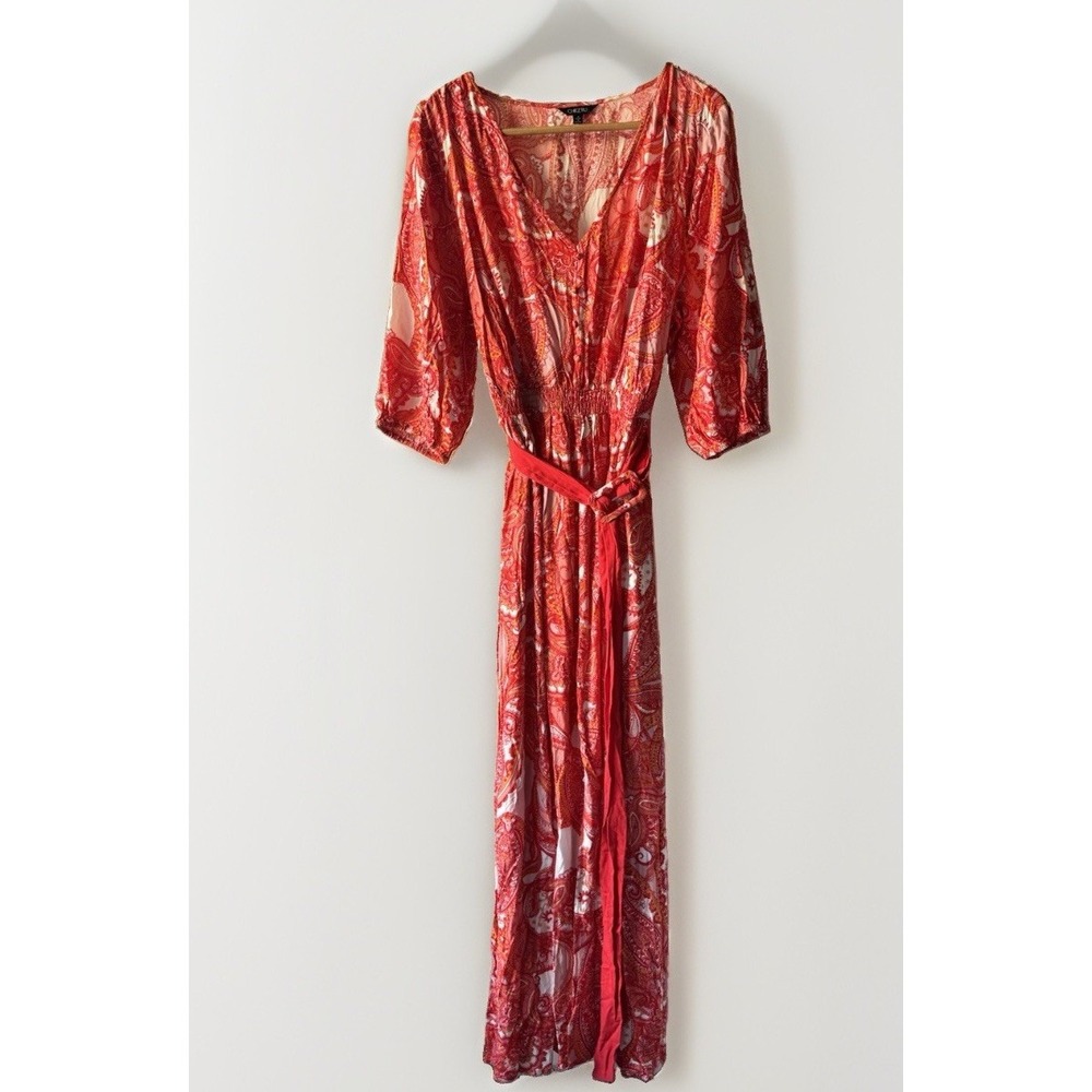 Cheztu Size 18 Red Paisley Rayon Maxi Dress Smocked Waist Cottagecore Festival